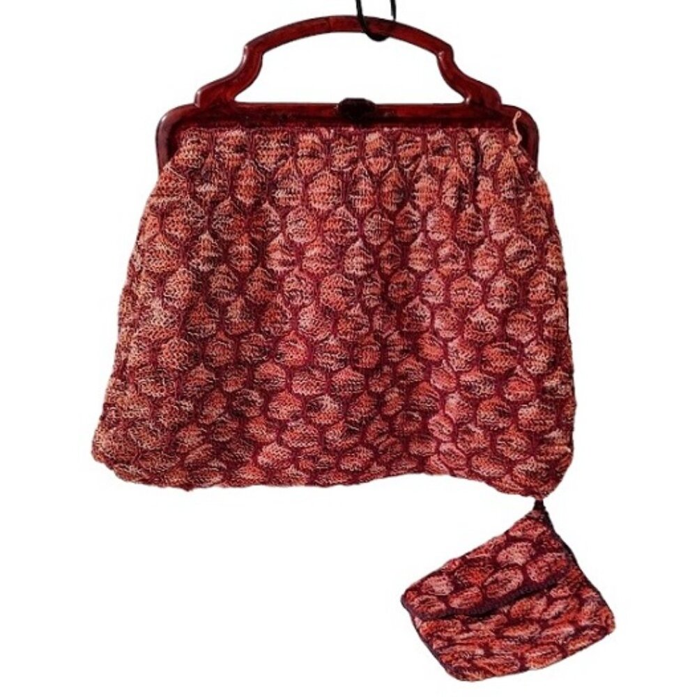 Rare Bubble Crochet Gimp Corde Lined Handbag and Coin Purse Vintage
